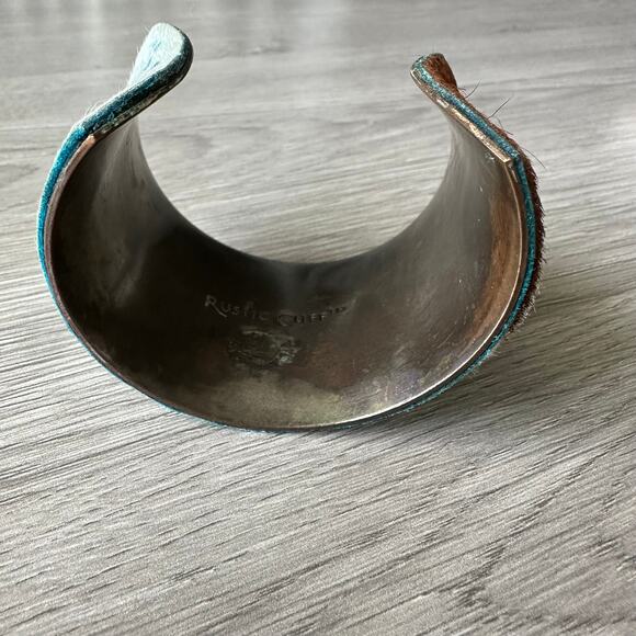 Rustic Cuff Cowhide Wide Cuff Bracelet Turquoise & Brown - Picture 4 of 9